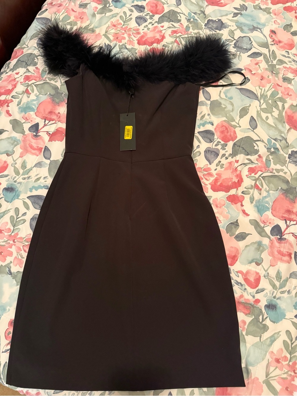 Gianni Bini Black Off-Shoulder Mini Dress with Feather Trim